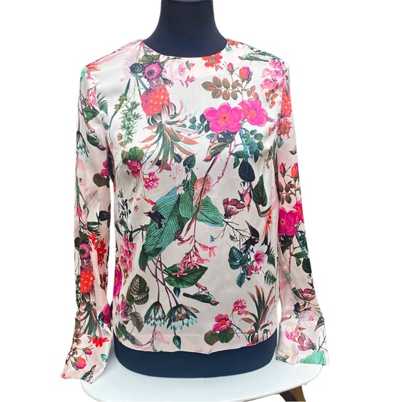 PINK FLORAL BANANA REPUBLIC BLOUSE LONG SLEEVE BUTTON-FRONT BOHO CHIC XS - Picture 3 of 13